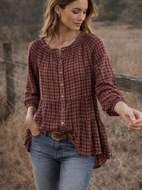 Lucky Brand Plaid Peasant Blouse Small Boho Tiered Babydoll Top